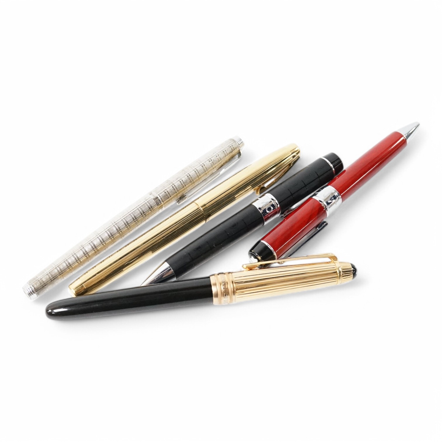 Five pens including a Parker pen with 14k gold nib and four Mont Blanc style pens. Condition - fair